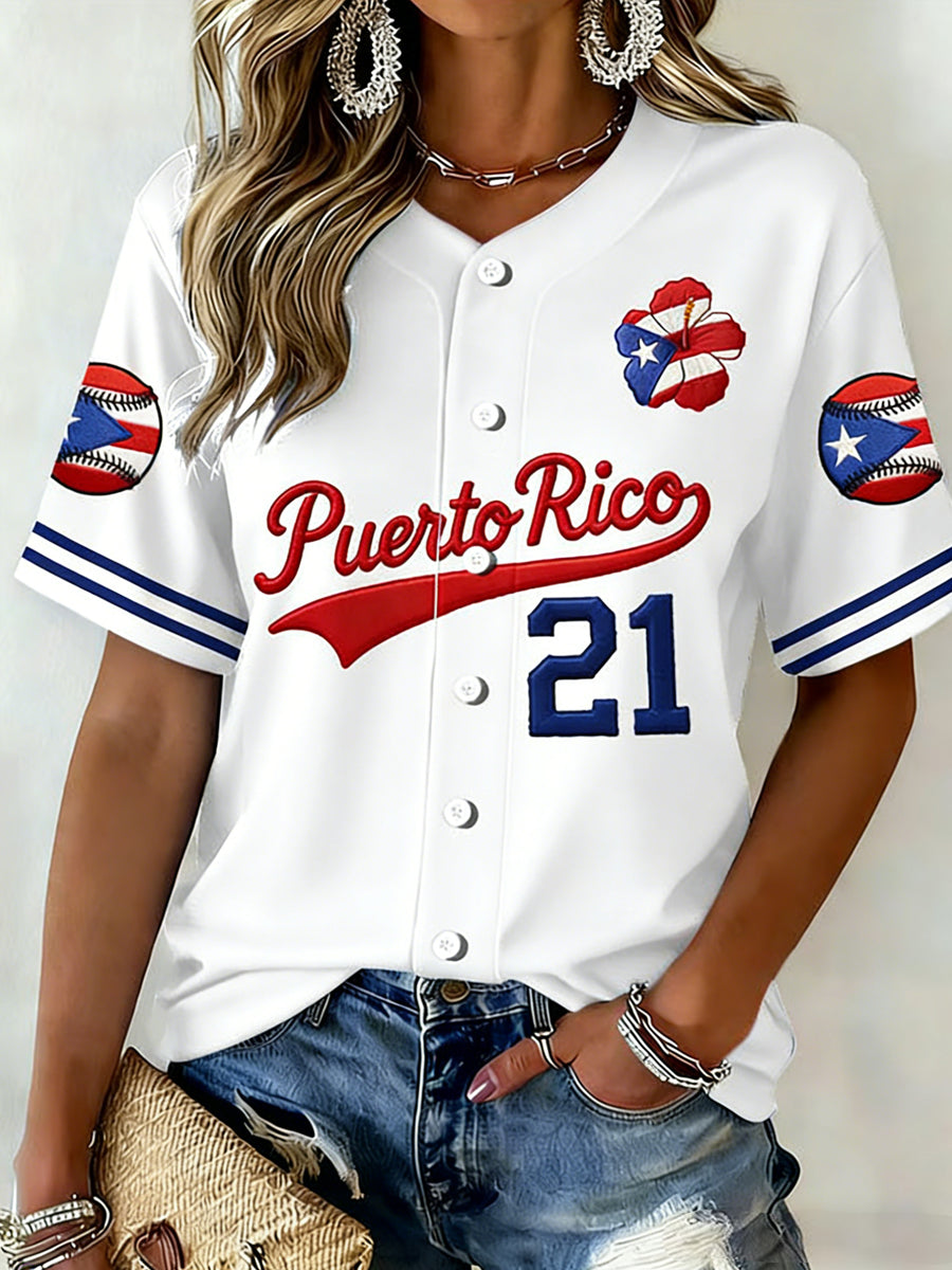 Camiseta casual con estampado de béisbol de Puerto Rico para mujer