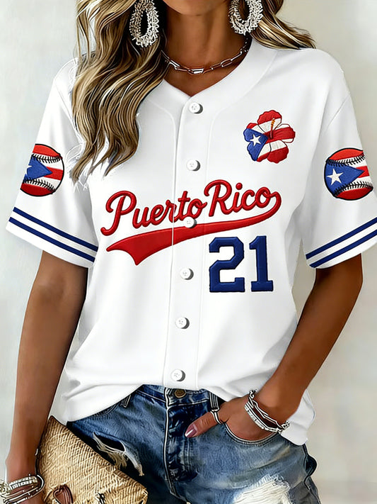 Camiseta casual con estampado de béisbol de Puerto Rico para mujer