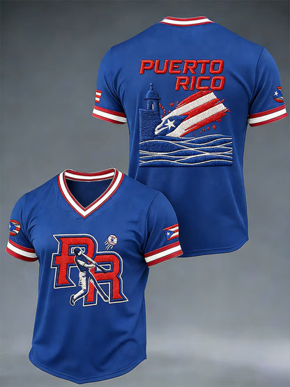 Camiseta con cuello en V casual de impresión de béisbol de Puerto Rico para hombre