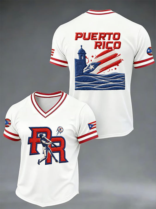 Camiseta con cuello en V casual de impresión de béisbol de Puerto Rico para hombre