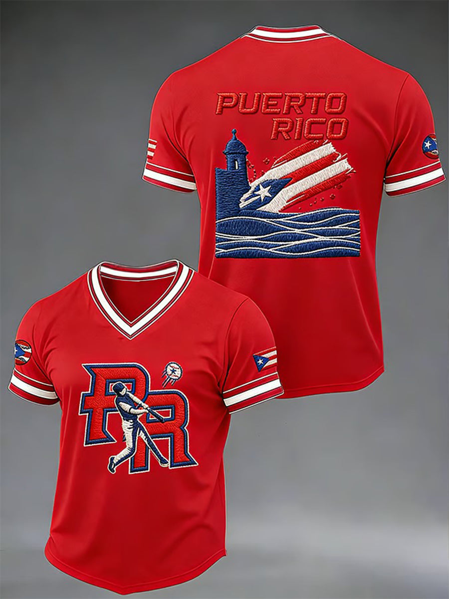 Camiseta con cuello en V casual de impresión de béisbol de Puerto Rico para hombre