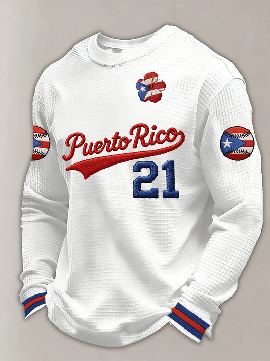 Los hombres de Puerto Rico béisbol Imprimir Casual Waffle Sudadera