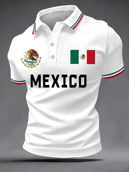 Polo casual con estampado de bandera mexicana para hombre
