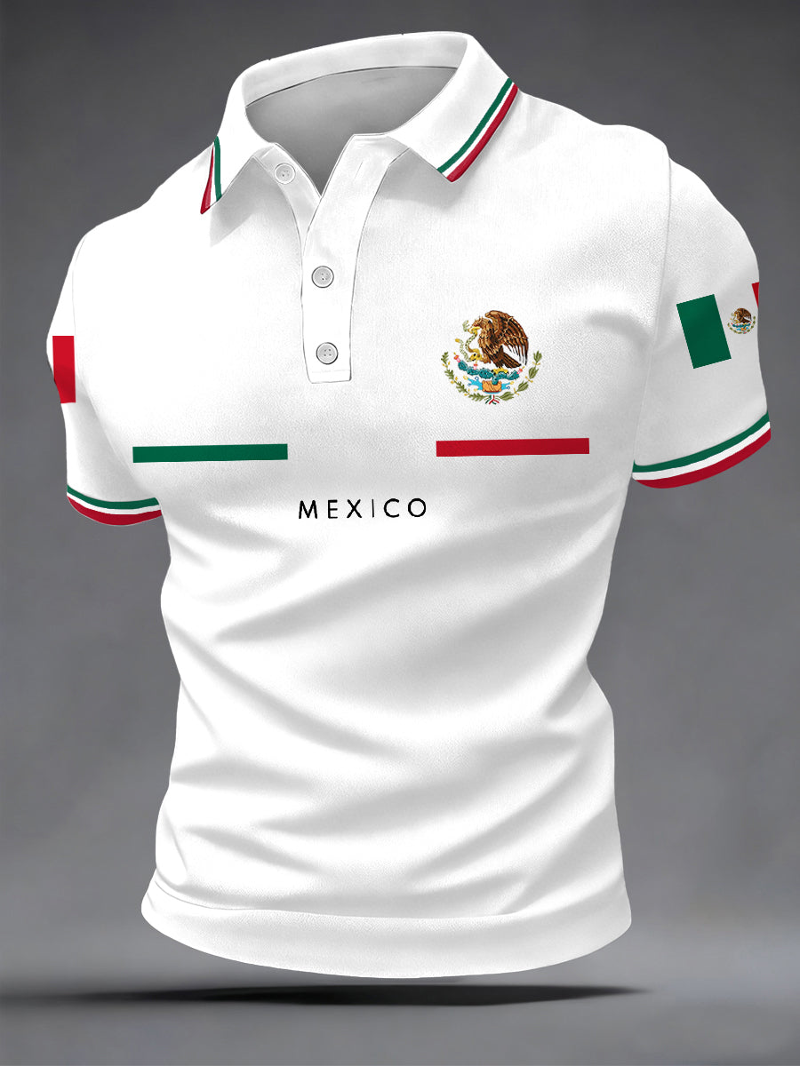 Polo casual con estampado de bandera mexicana para hombre