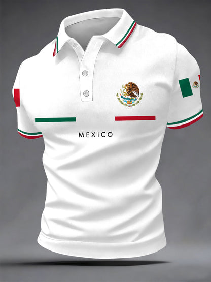 Polo casual con estampado de bandera mexicana para hombre