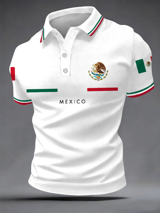 Polo casual con estampado de bandera mexicana para hombre