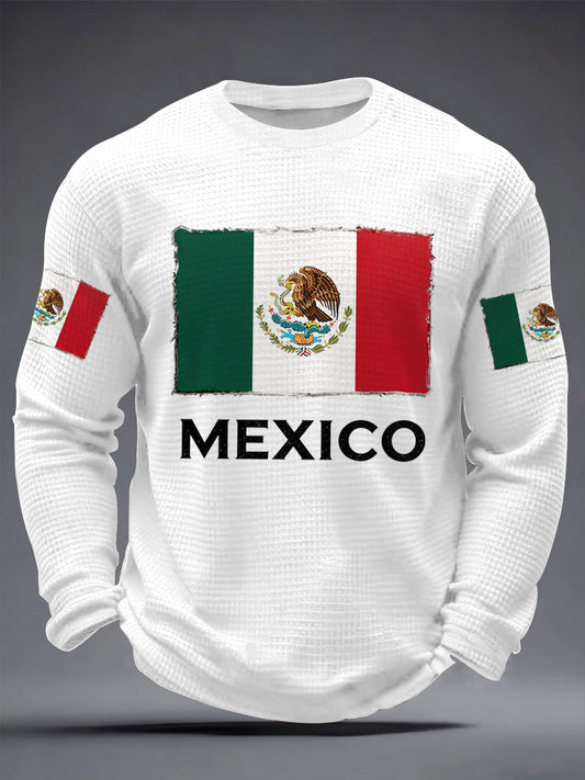 Hombres Mexican Flag Print Casual Waffle Camiseta de manga larga