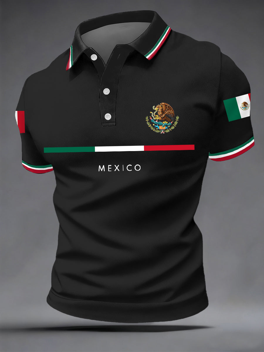 Polo casual con estampado de bandera mexicana para hombre