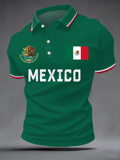 Polo casual con estampado de bandera mexicana para hombre