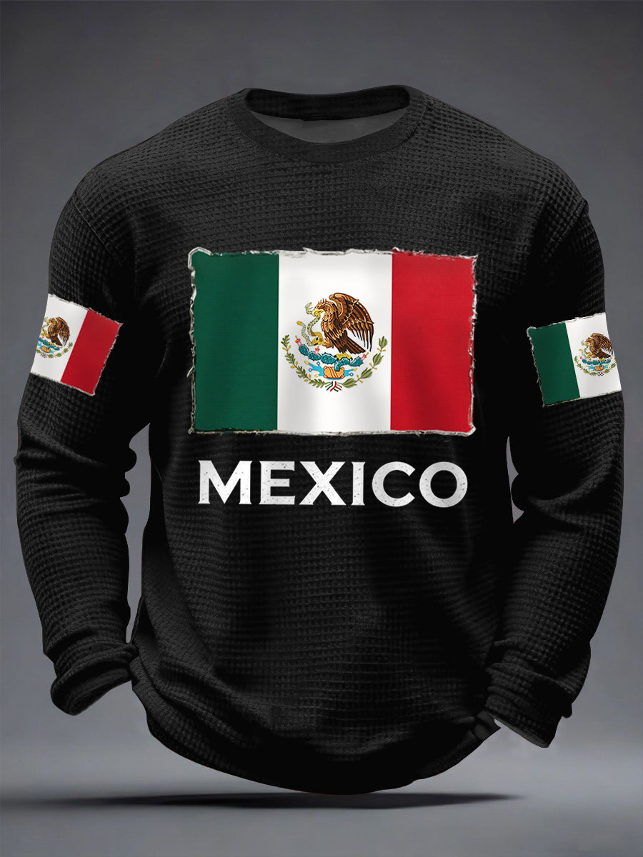 Hombres Mexican Flag Print Casual Waffle Camiseta de manga larga