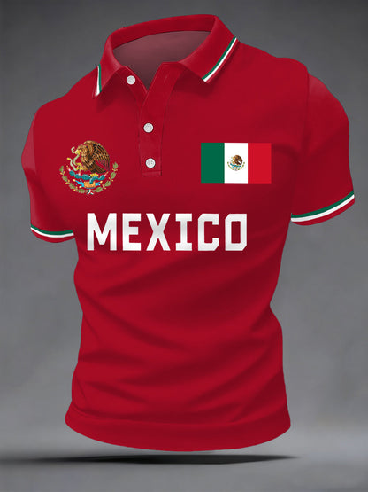 Polo casual con estampado de bandera mexicana para hombre