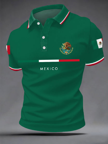 Polo casual con estampado de bandera mexicana para hombre