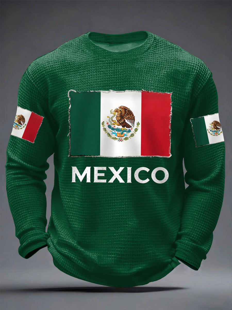 Hombres Mexican Flag Print Casual Waffle Camiseta de manga larga