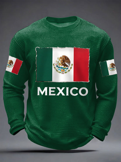 Hombres Mexican Flag Print Casual Waffle Camiseta de manga larga
