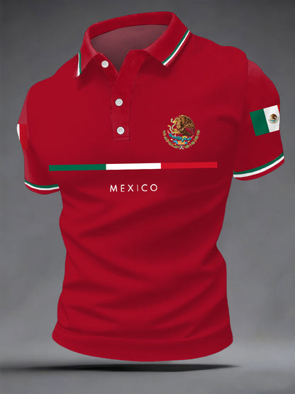 Polo casual con estampado de bandera mexicana para hombre
