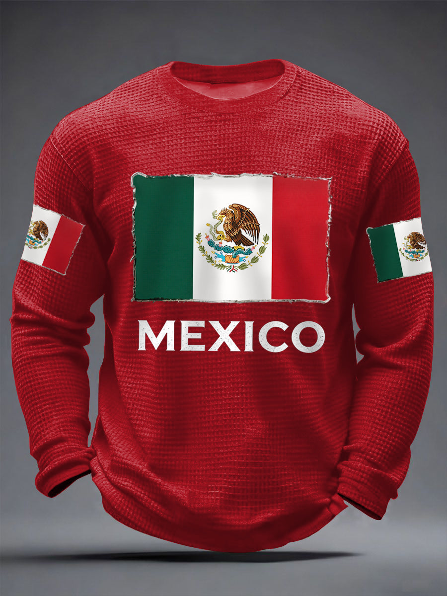 Hombres Mexican Flag Print Casual Waffle Camiseta de manga larga