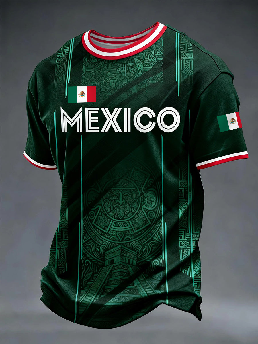 Camiseta casual con estampado de fútbol azteca mexicano para hombre