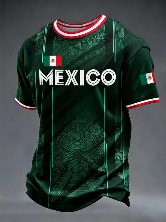 Camiseta casual con estampado de fútbol azteca mexicano para hombre