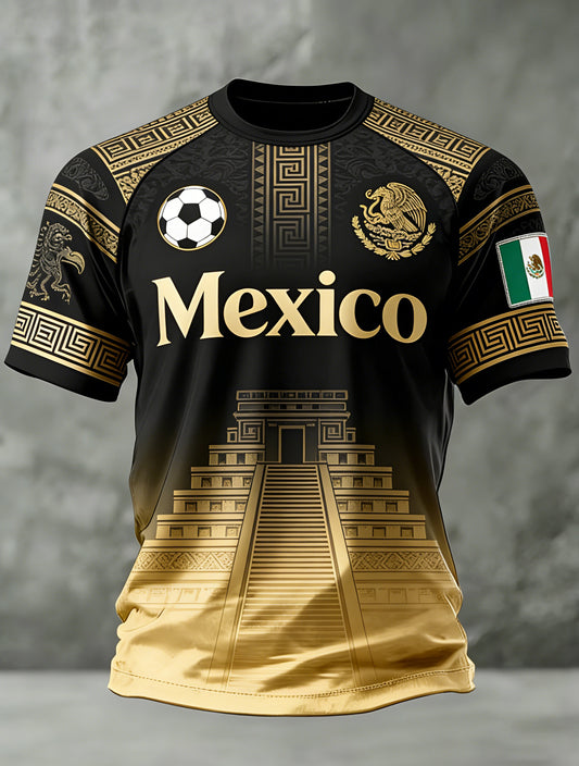 Camiseta con estampado de tótem azteca mexicano y ventilador de fútbol para hombre