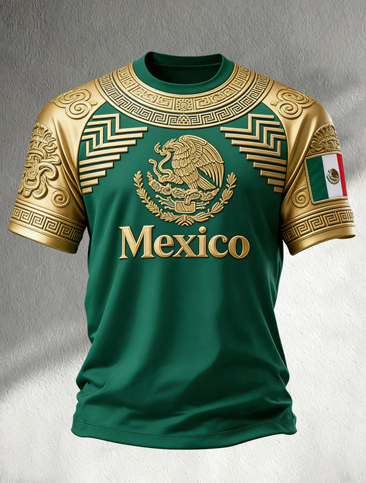 Camiseta para hombre con estampado mexicano azteca y motivos de fútbol para aficionados