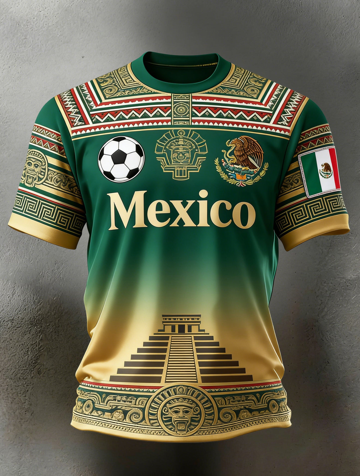 Camiseta con estampado de tótem azteca mexicano y ventilador de fútbol para hombre