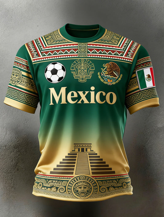 Camiseta con estampado de tótem azteca mexicano y ventilador de fútbol para hombre