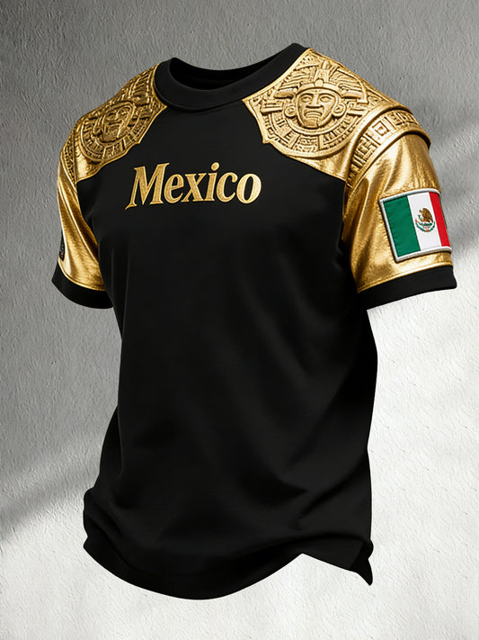 Camiseta con estampado de tótem azteca mexicano y ventilador de fútbol para hombre