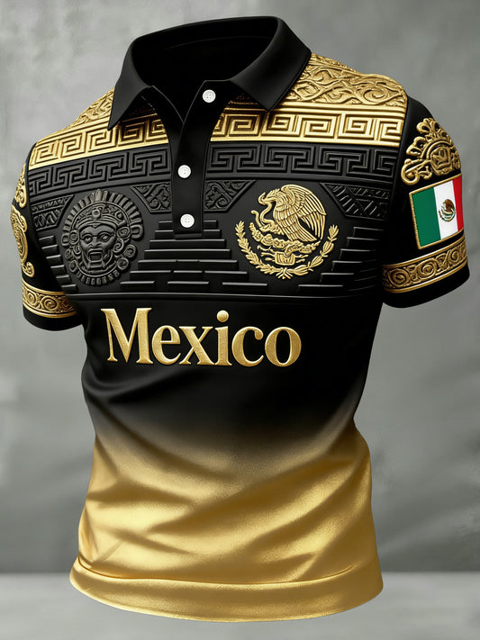 Camisa polo con estampado artístico en relieve y textura, para aficionados al fútbol mexicano, para hombre