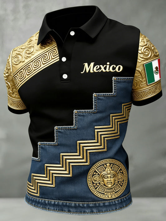 Camisa polo para hombre con estampado artístico de tótem azteca mexicano