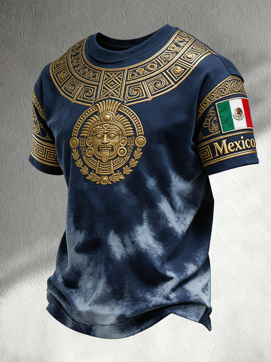 Camiseta con estampado artístico de tótem de la antigua civilización azteca mexicana para hombre