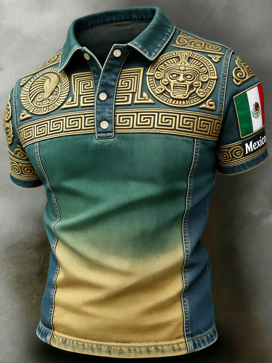Polo de los hombres con la impresión azteca mexicana del arte del tótem