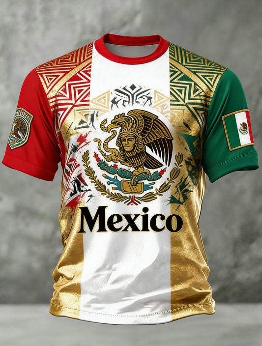 Camiseta masculina com estampas de futebol mexicano e arte totem da civilização antiga