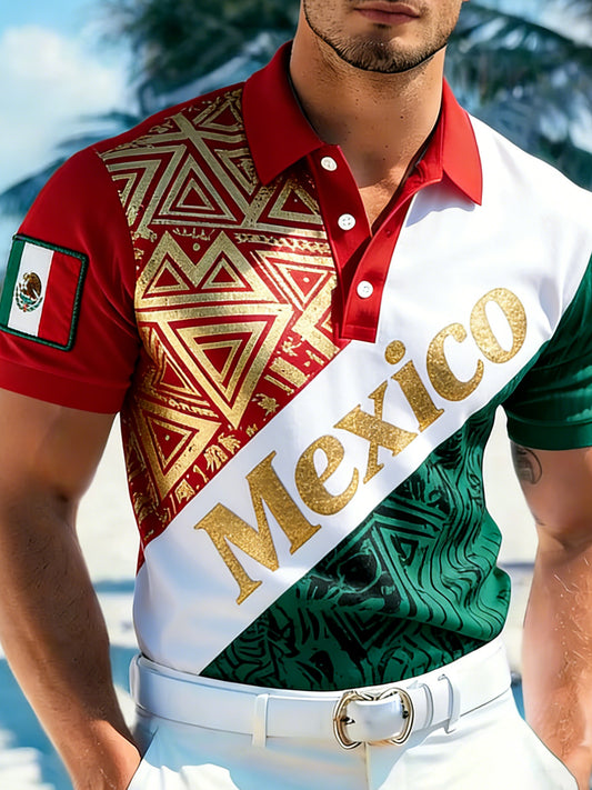 Camisa Polo Masculina com Estampas de Futebol Mexicano e Arte Totêmica de Civilizações Antigas