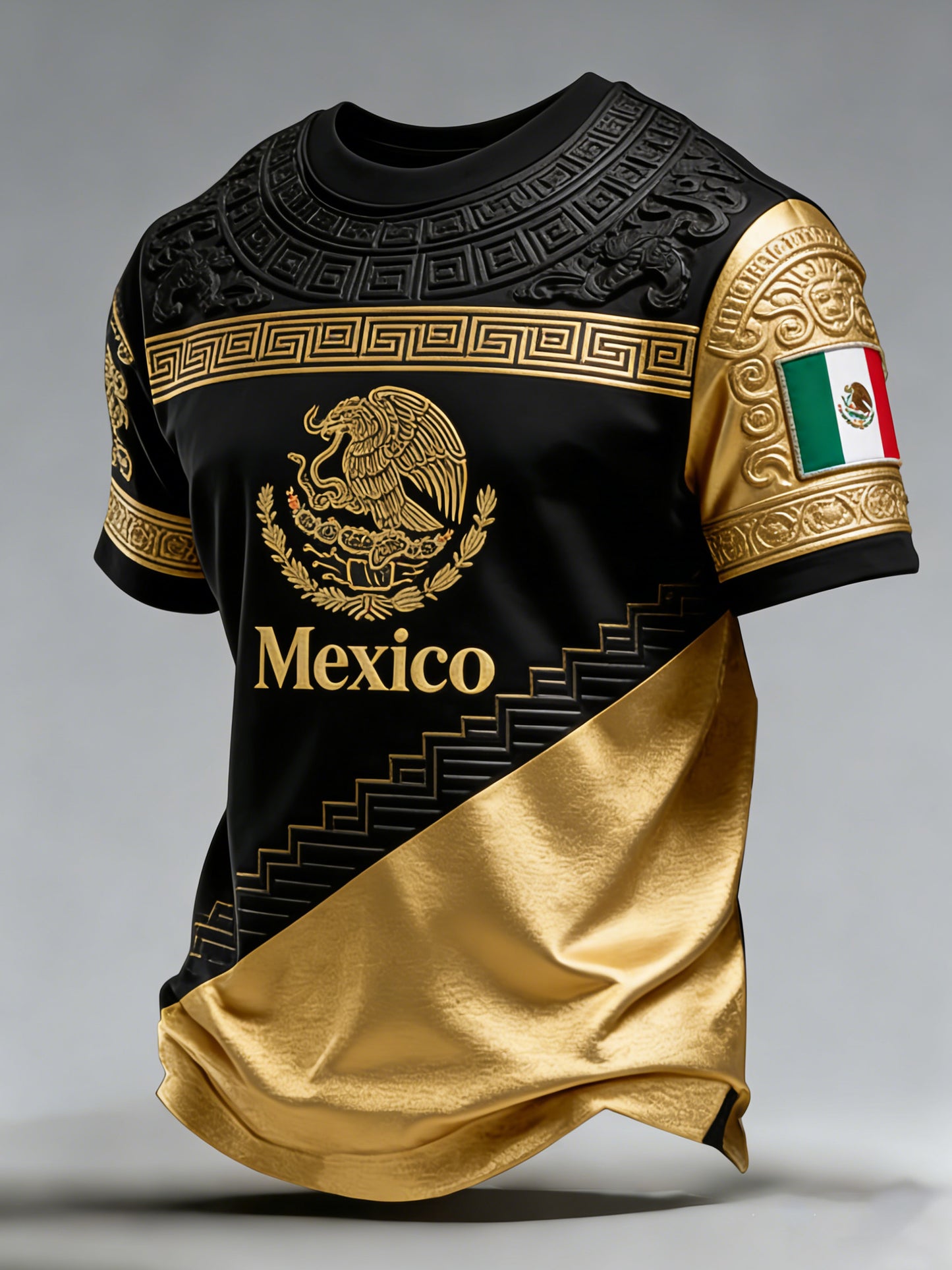 Camiseta masculina apresentando futebol mexicano e civilização antiga Totem impressões de arte