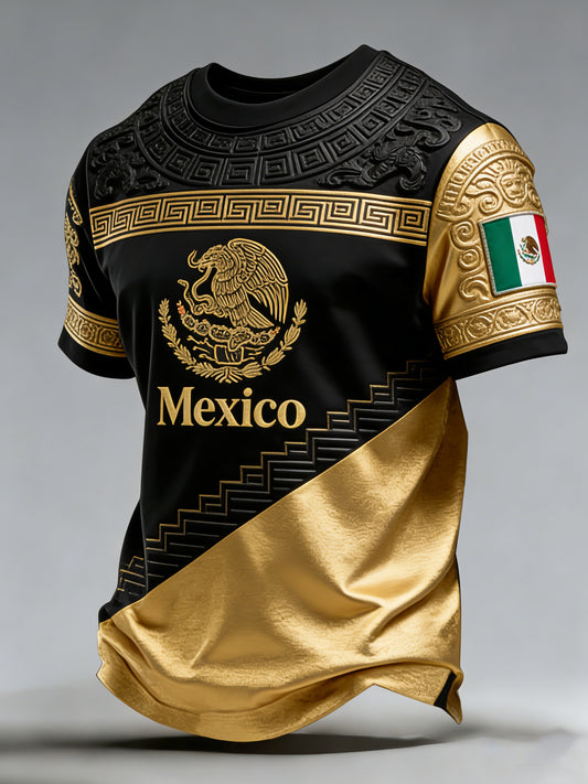 Camiseta masculina apresentando futebol mexicano e civilização antiga Totem impressões de arte