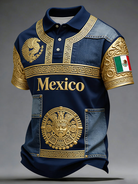 Camisa Polo Masculina com Estampas de Futebol Mexicano e Arte Totêmica de Civilizações Antigas