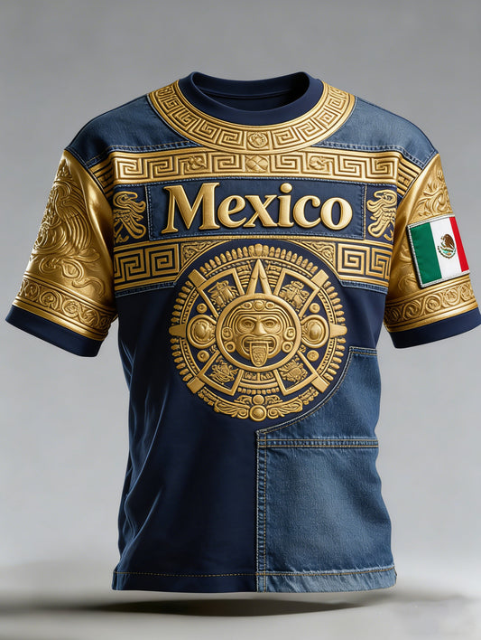 Camiseta masculina com estampas de futebol mexicano e arte totem da civilização antiga