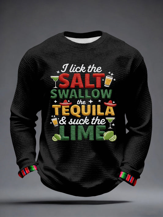 Hombres lamo la sal trago el tequila y chupar la lima patrón bordado waffle camiseta