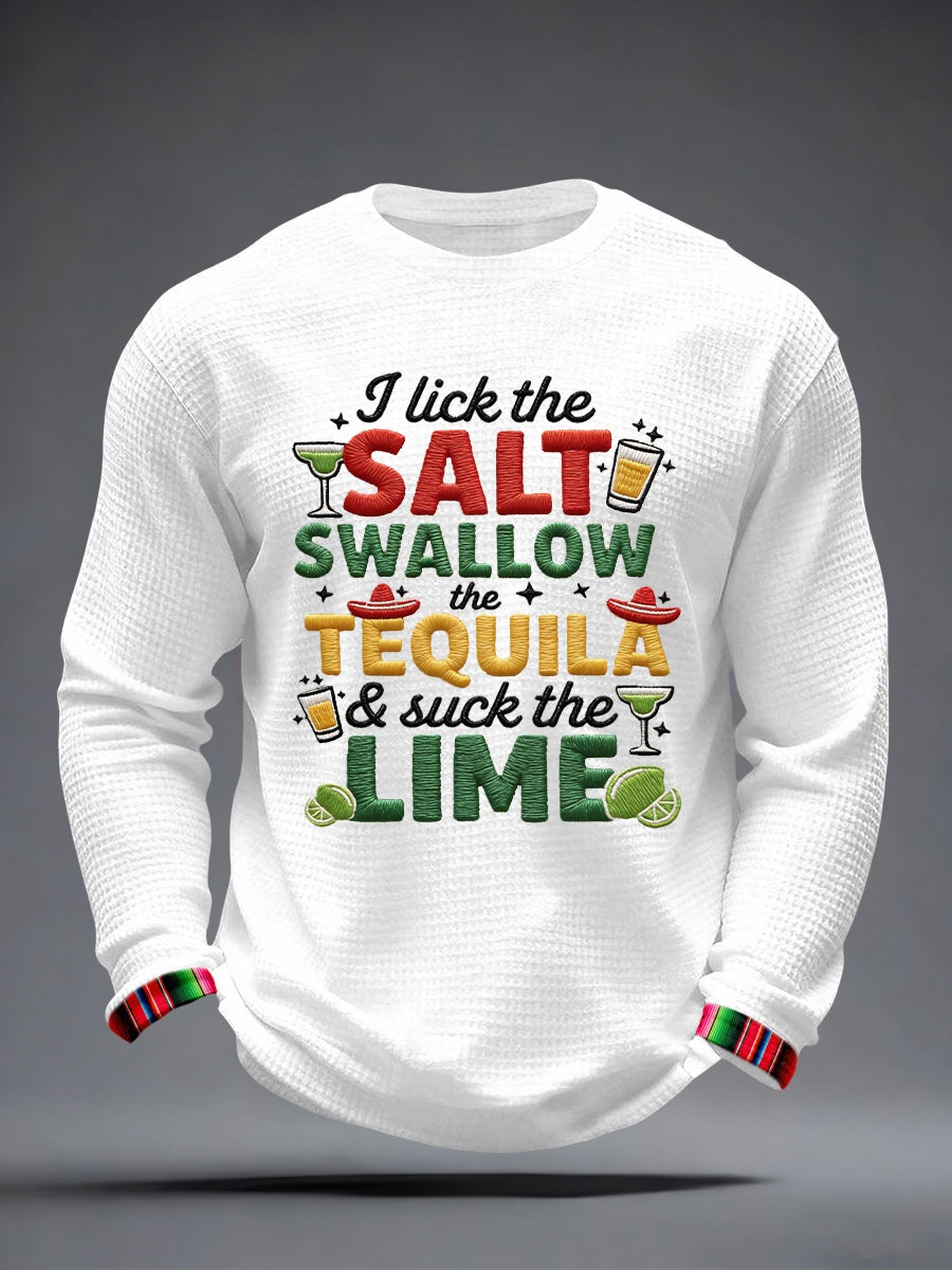 Hombres lamo la sal trago el tequila y chupar la lima patrón bordado waffle camiseta