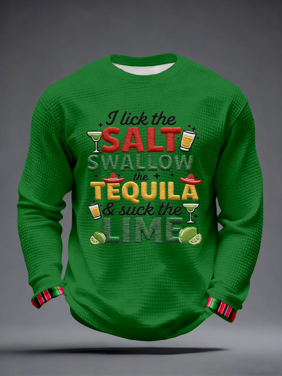 Hombres lamo la sal trago el tequila y chupar la lima patrón bordado waffle camiseta