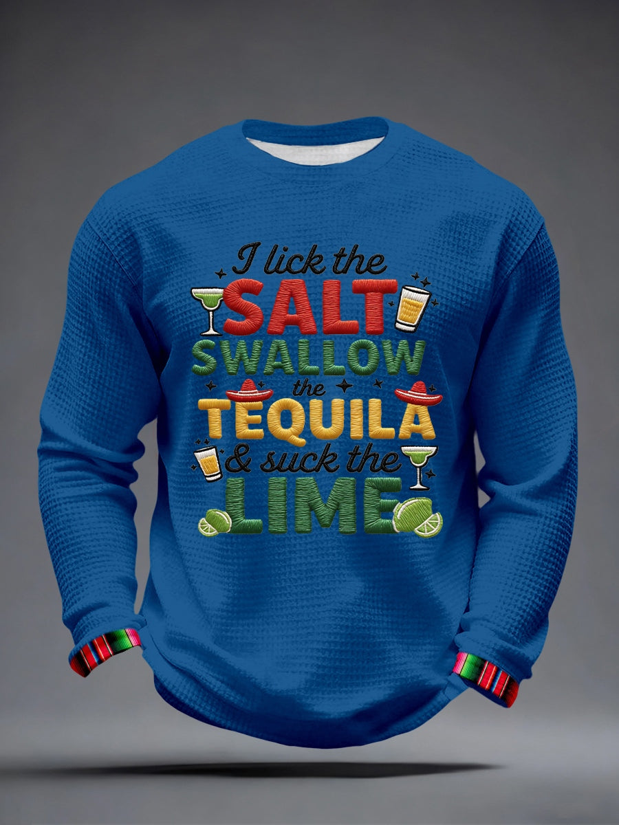 Hombres lamo la sal trago el tequila y chupar la lima patrón bordado waffle camiseta
