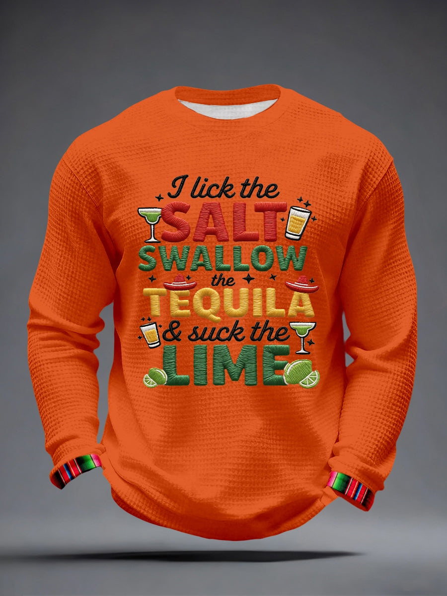 Hombres lamo la sal trago el tequila y chupar la lima patrón bordado waffle camiseta