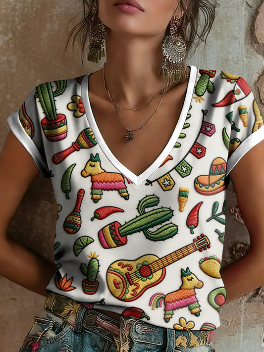 Camiseta de manga corta estampada de Cinco de Mayo para mujer