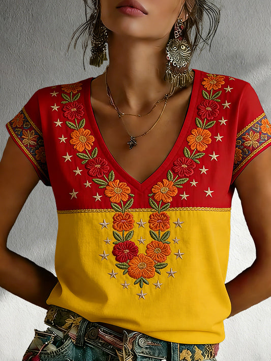 Camiseta para mujer con estampado artístico de estilo bohemio, inspirada en el Cinco de Mayo mexicano