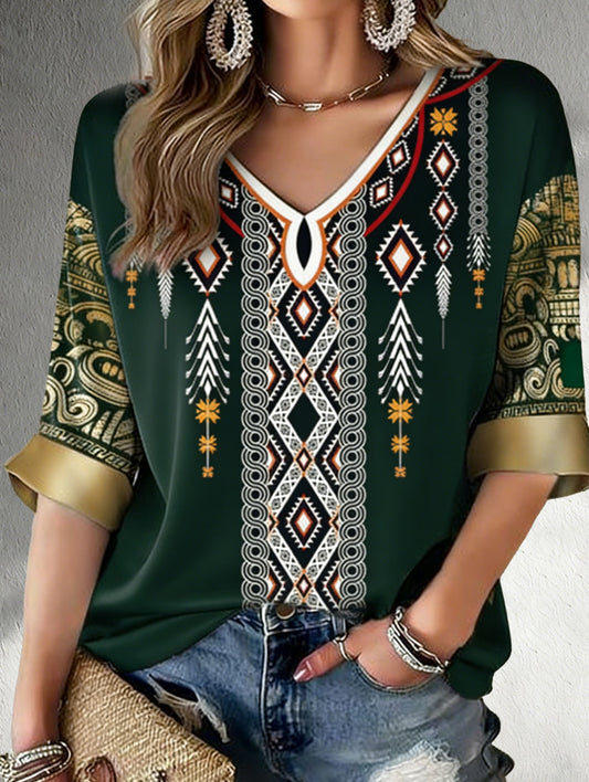 Camiseta para mujer con estampado artístico de estilo bohemio, inspirada en el Cinco de Mayo mexicano