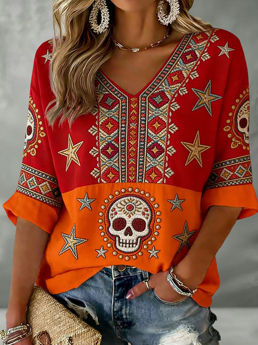 Camiseta para mujer con estampado artístico de estilo bohemio, inspirada en el Cinco de Mayo mexicano