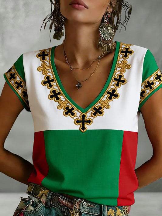 Camiseta para mujer con estampado artístico de estilo bohemio, inspirada en el Cinco de Mayo mexicano