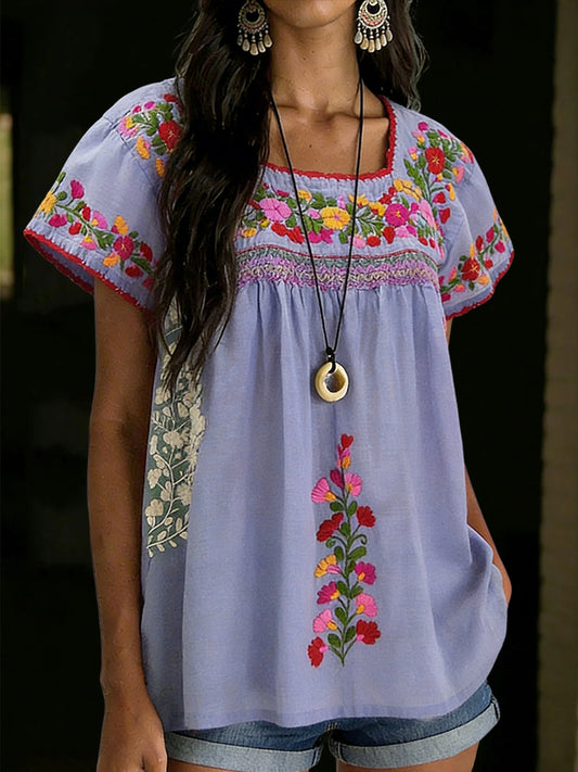 Camisa mexicana floral de manga corta para mujer