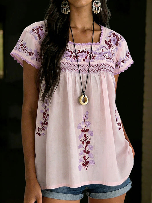 Camisa de manga corta floral mexicana para mujer