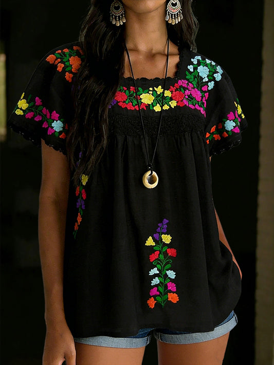 Camisa mexicana floral de manga corta para mujer